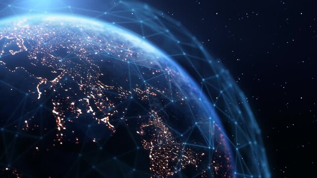 Global Connection Lines. Earth Network Data Transfer. Futuristic AI Technology, 5G, Globe Satellite Communication, Internet Connectivity, Big Data, Digital World Background Animation. Crypto Exchange