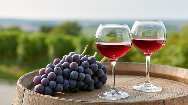 Marino grape festival. Red wine glasses with fresh grapes on wooden barrel overlooking vineyard creating elegant tasting experience in peaceful countryside
