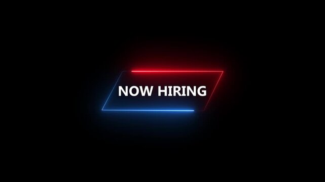 now hiring neon sign icon animation with glowing red and blue parallelogram frame on black background,