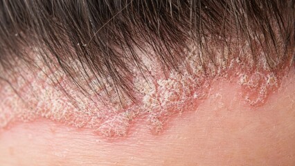 Fototapeta premium Close-up view of irritated red scalp with dry flaky skin and peeling patches in hairline