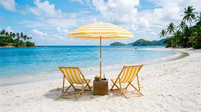 Two beach chairs with umbrella on a tropical sandy shore