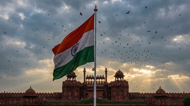 Indian national flag waving on pole in front of historical monument Red Fort background for republic independence day celebration