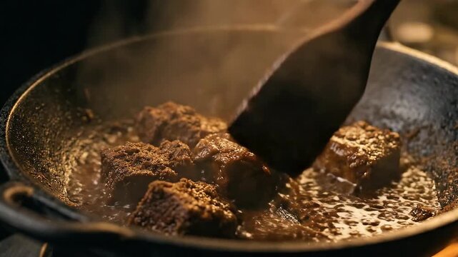 Beef cubes cooking in pan 4K Video