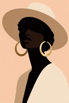 Minimalist digital illustration of black woman wearing beige wide brim hat, large gold hoop earrings. Silhouette portrait of fashionable girl with afro hair style against pastel peach background.