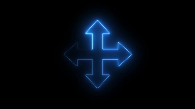 neon blue four way directional arrow icon animation glowing on black background, futuristic digital interface navigation and motion graphic