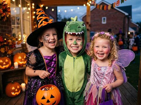 Three kids dressed as witch, dinosaur, and fairy smiling