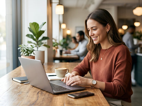 Woman smiling while working on laptop in cozy office