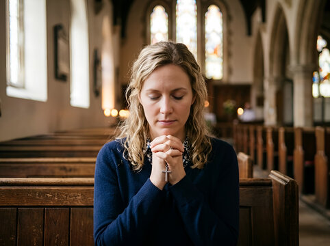 Woman praying in church with wooden pews