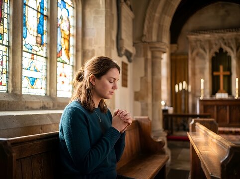 Woman praying quietly in a church