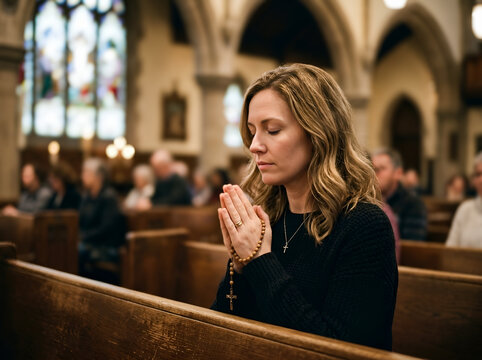 Woman praying in a church pew
