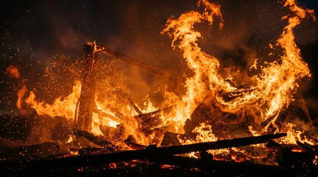 Building engulfed in intense flames and smoke at night, destructive fire