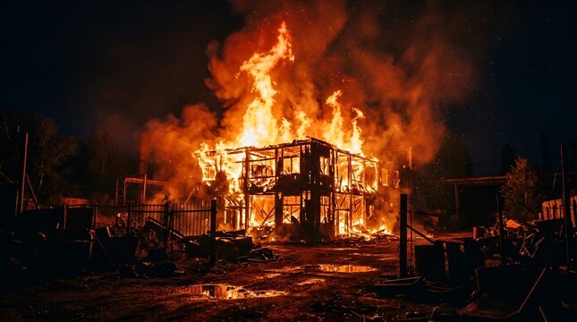Burning house at night, intense flames engulfing wooden structure