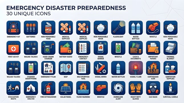 Emergency disaster preparedness icon set