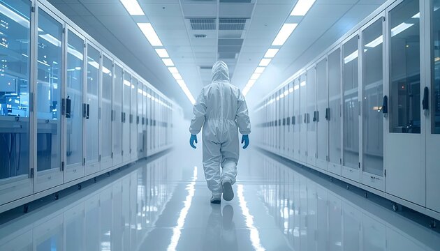 Technician in Bunny Suit Walking Through Semiconductor Cleanroom Fab Facility