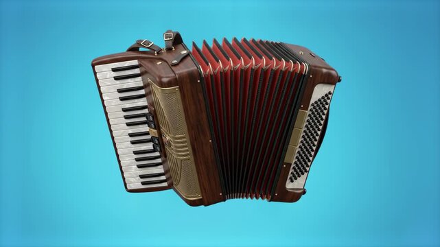 A classic vintage wooden accordion musical instrument with red bellows and white keys, set against a smooth cyan studio background. Ideal for music education, folk musical instrument visualizers, acou
