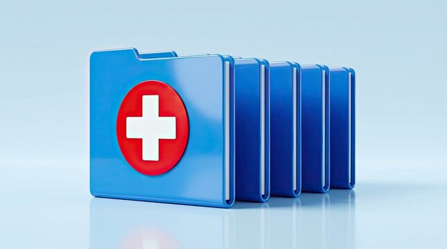 Blue medical file folders with red cross symbol on light blue background