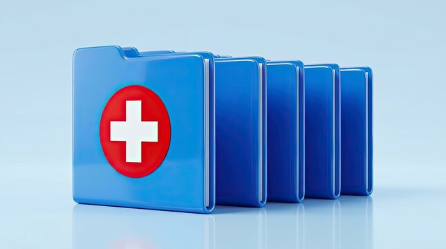 Medical record folders with red cross symbol, digital healthcare concept, organized data