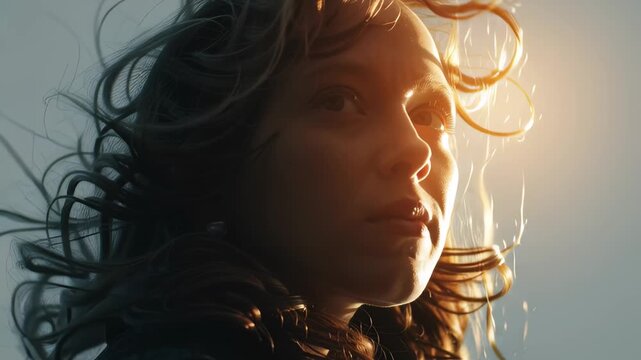 Close-up profile shot: A woman's hair blows in the wind, beautifully backlit by the sun. The scene is moody and ethereal with a warm, golden glow.