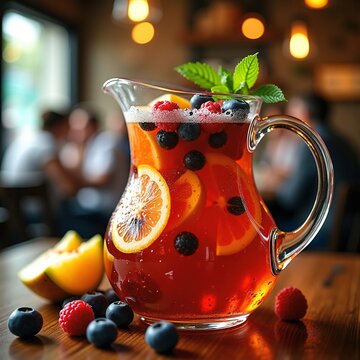 Colorful Sangria Pitcher Filled with Slices of Citrus, Berries, and Melon at Bustling Tapas Eatery