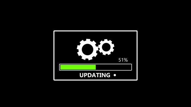 software system update progress bar icon animation with rotating gears on black background, digital loading interface and technology motion graphic