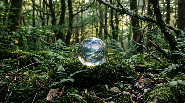 A crystal glass sphere reflecting a lush green forest landscape sitting on a mossy log in a dense woodland environment