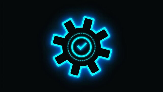 Glowing Blue Neon Gear Icon with Checkmark Symbol Representing Technical Success and Efficient Process Optimization