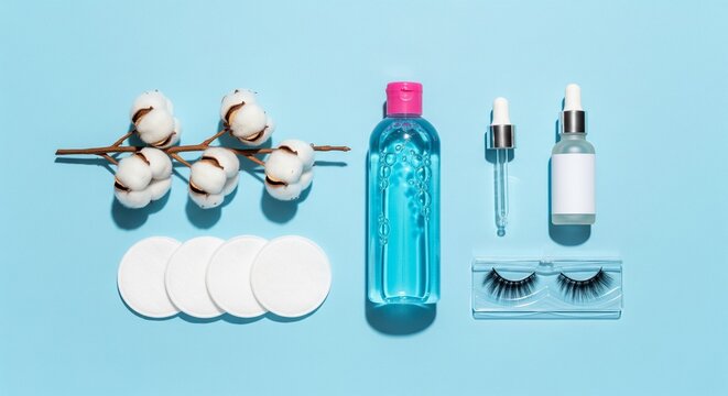 Skincare and beauty routine flat lay with facial serum, micellar water, cotton pads, and false eyelashes on a light blue background