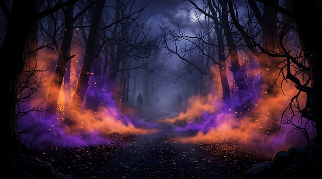 Eerie dark forest path with mysterious purple and orange magical mist