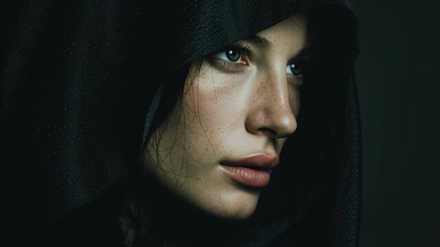 Close up static shot: A mysterious woman's face emerges from deep shadows. Her intense gaze and dark hood create a dramatic, moody portrait.