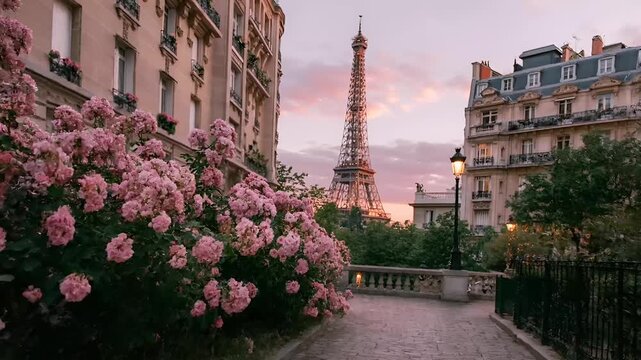 Paris, France, Europe. A vivid portrayal of Paris, France, captures the iconic Eiffel Tower at sunset. The sky is painted in soft pink and purple hues, with the sun casting a warm glow on the tower.