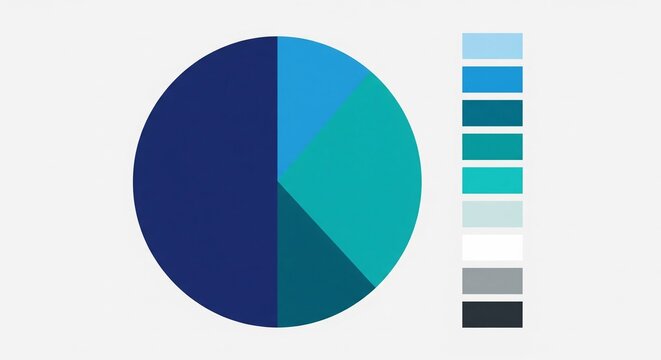 Abstract geometric pie chart graphic with a cool blue and teal color palette and a vertical swatch of complementary shades on a light gray background