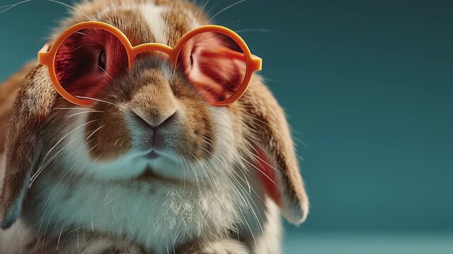 Close up static shot: A cute lop-eared rabbit wearing orange sunglasses, looking cool and relaxed against a teal background.