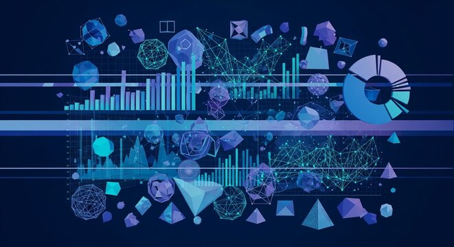 Abstract geometric shapes and data visualizations, bar charts, and pie charts on a dark blue