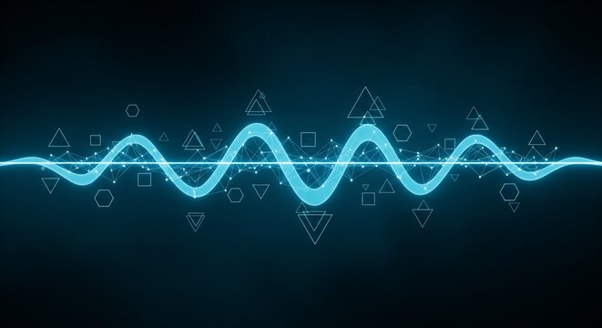 Abstract glowing blue sound wave with geometric shapes and particles on a dark background