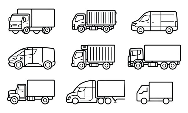 Logistics Delivery Truck Outline Vector Icon Pack for Transportation and Freight