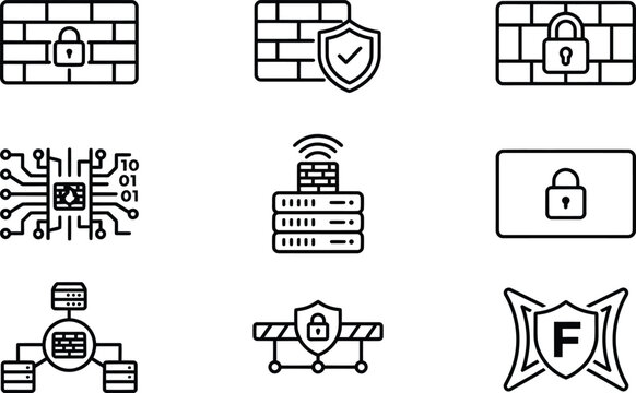 Network Security Outline Vector Icon Pack for Server Protection and Cybersecurity