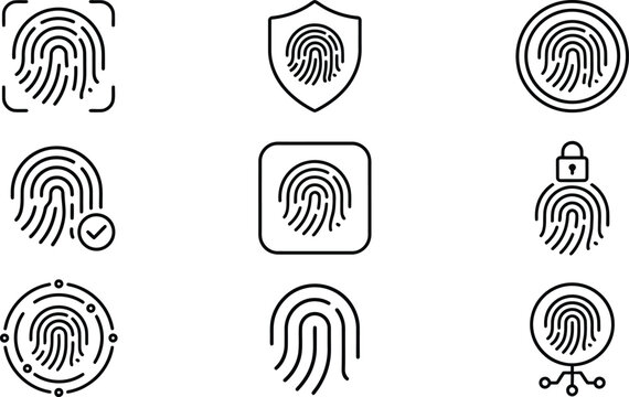 Biometric Authentication Outline Vector Icon Pack with Fingerprint Identity Verification