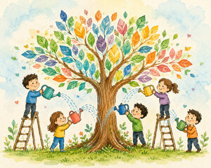 Fototapeta premium Happy Children Watering Large Tree With Colorful Leaves Watercolor Illustration Background
