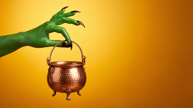 A green hand with long black nails holds a copper cauldron against a bright yellow background. The scene evokes themes of magic and witchcraft.