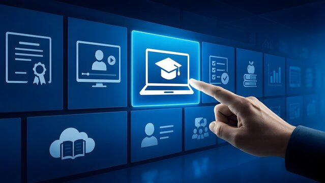 Hand touching digital interface selecting online education icon with laptop and graduation cap for e-learning concept