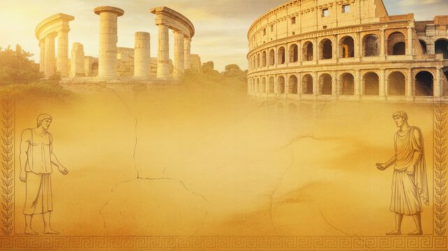 a golden yellow ancient greece and roman empire texture wallpaper background with a lot of empty blank copyspace. pillars and old buildings.

