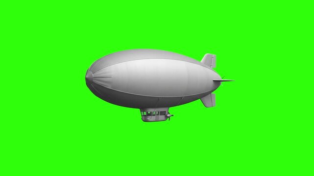A clean white blimp zeppelin airship floating sideways, isolated on a chroma key green screen background. Perfect for video editing, aviation VFX compositing, commercial keying, and motion graphics an