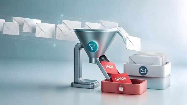 3D illustration of metal funnel filtering white emails and sorting red spam envelopes into quarantine box for cybersecurity concept