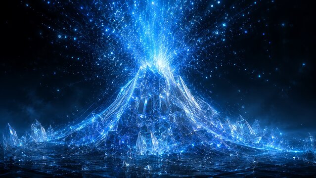 Transparent Crystalline Volcano Erupting Holographic Light Particles  Futuristic Information Explosion Technology Background