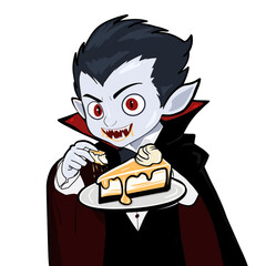 Cute cartoon vampire boy eating a slice of cake vector illustration