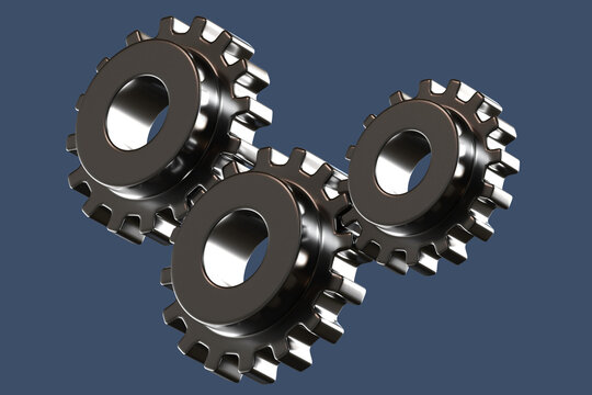 Mechanical engineering. Interlocking steel gears demonstrate power transmission, precision manufacturing, industrial automation and machine component design. 3D image