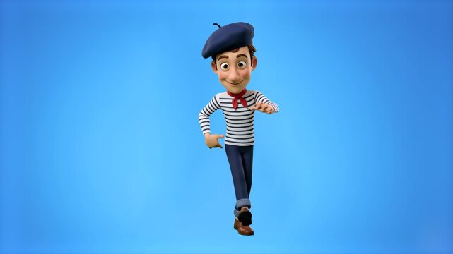 A cheerful 3D rendered French man in a classic striped shirt and dark beret is dancing against a clean blue background. Excellent for French cultural media, travel guides, and educational content.