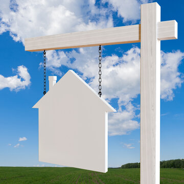 Real estate. Blank hanging house signboard with copy space promotes property sales, real estate agency services, home listings and residential marketing. 3D image