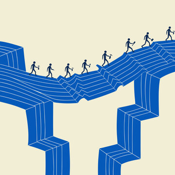 Conceptual business vector of people walking on a broken path, team overcoming obstacles and corporate challenges, blue geometric bridge metaphor