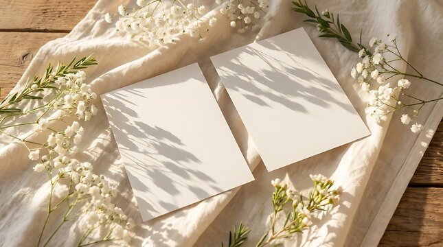 Two square paper cards with natural plant shadows isolated on white background